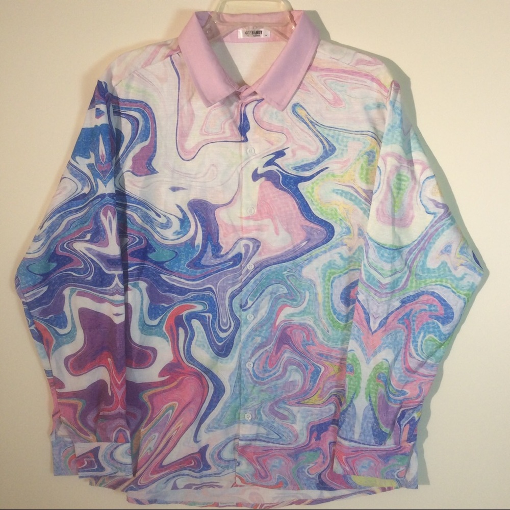 COOFANDY Shirt Long Sleeve Collar Linen Cotton Pink Blue Watercolor Oil Slick